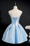 Light Blue Lace Up Back Spaghetti Straps Short Homecoming Dresses Y0218