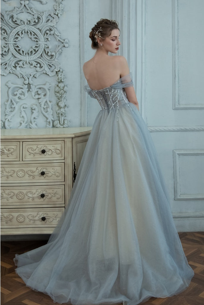 New Arrival Off The Shoulder Lace Up Back Gray Long Prom Dresses Princess Dresses Y0219