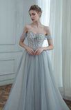 New Arrival Off The Shoulder Lace Up Back Gray Long Prom Dresses Princess Dresses Y0219