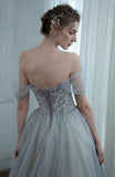 New Arrival Off The Shoulder Lace Up Back Gray Long Prom Dresses Princess Dresses Y0219