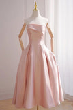 Style Strapless Tea Length Pink Party Prom Dresses With Pockets Y0220