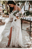 Elegant Sweetheart Long Front Split Lace Boho Wedding Dresses Beach Wedding Dresses N1403L