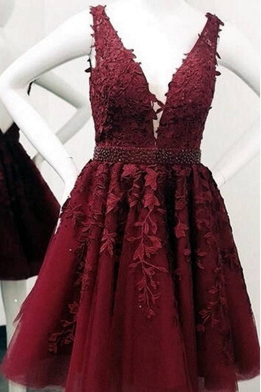 Newest V-Neck A Line Backless Tulle Short Homecoming Dresses With Appliques Y0235