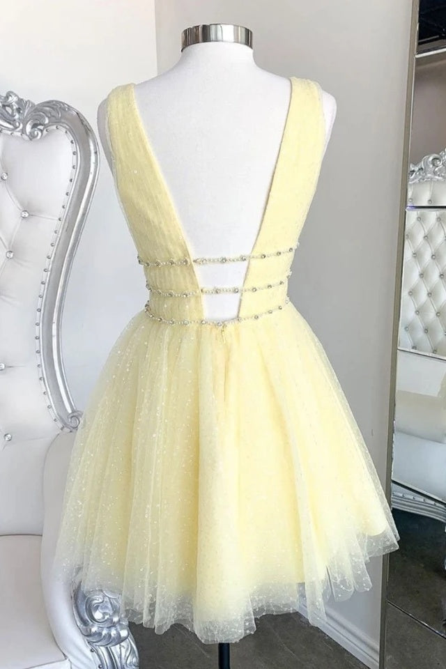 Beautiful A Line V-Neck Lace Sequin Daffodil Short Homecoming Dresses Y0241