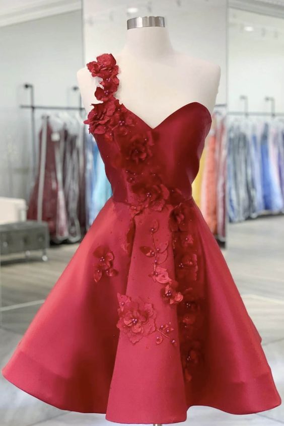 One Shoulder A Line Satin Short Homecoming Dresses School Event Dresses Y0243