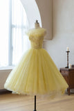 Classy Tea Length Yellow Tulle Zipper Back Princess Dresses Homecoming Dresses Y0249