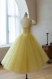 Classy Tea Length Yellow Tulle Zipper Back Princess Dresses Homecoming Dresses Y0249