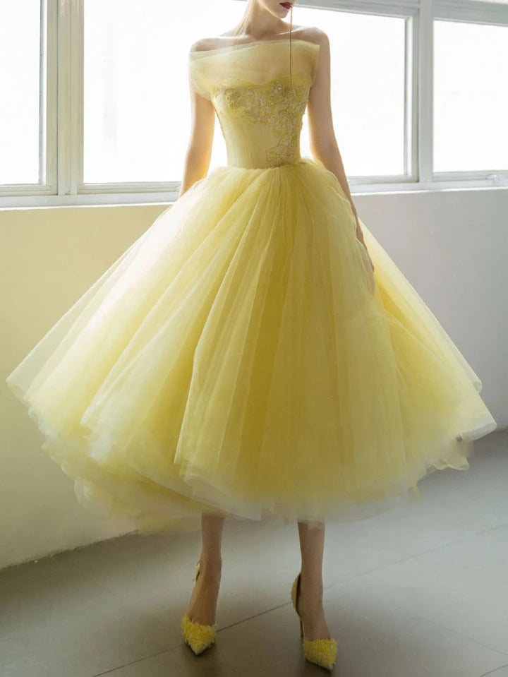 Classy Tea Length Yellow Tulle Zipper Back Princess Dresses Homecoming Dresses Y0249