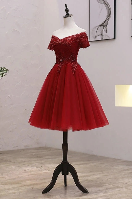 Off The Shoulder Burgundy Tea Length Short Sleeves Homecoming Dresses Y0251