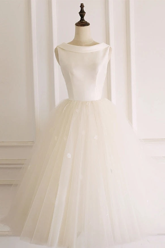 Vintage Satin Tulle Ivory Tea Length Elegant Wedding Dress Y0252