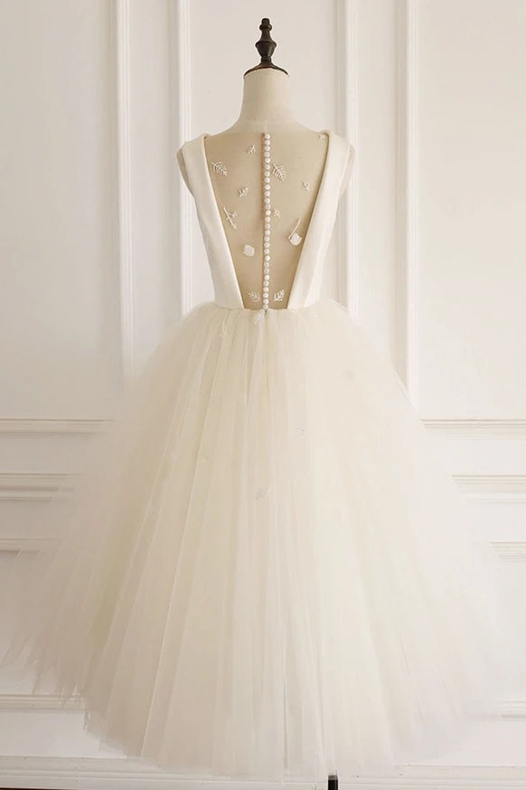 Vintage Satin Tulle Ivory Tea Length Elegant Wedding Dress Y0252