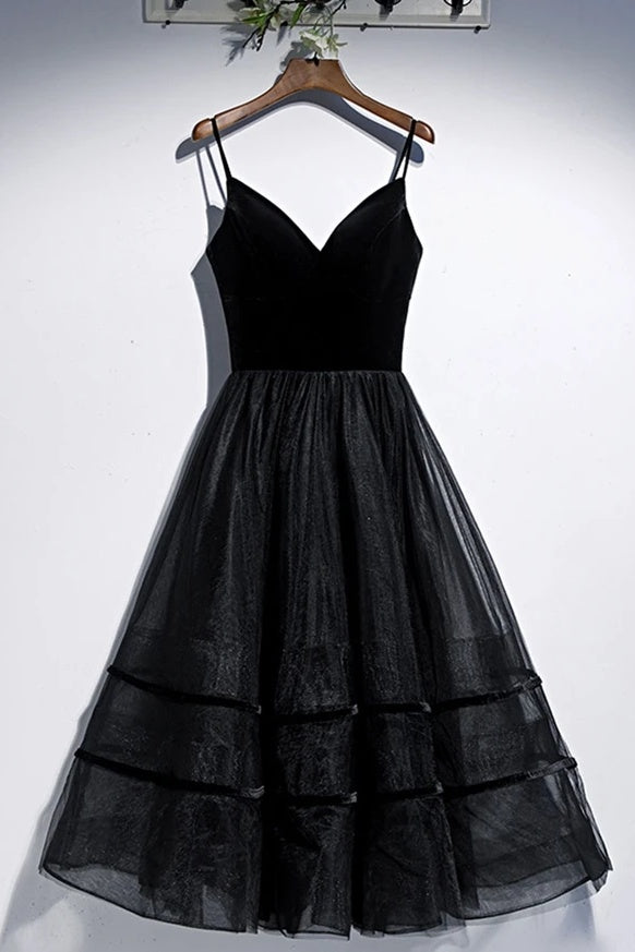 Spaghetti Straps Black Prom Dress Tea Length Lace Up Homecoming Dress Y0253