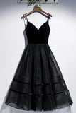 Spaghetti Straps Black Prom Dress Tea Length Lace Up Homecoming Dress Y0253