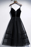 Spaghetti Straps Black Prom Dress Tea Length Lace Up Homecoming Dress Y0253