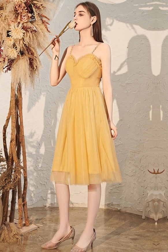 Elegant Yellow Straps Tulle Tea Length Prom Dresses Homecoming Dresses