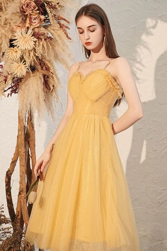 Elegant Yellow Straps Tulle Tea Length Prom Dresses Homecoming Dresses