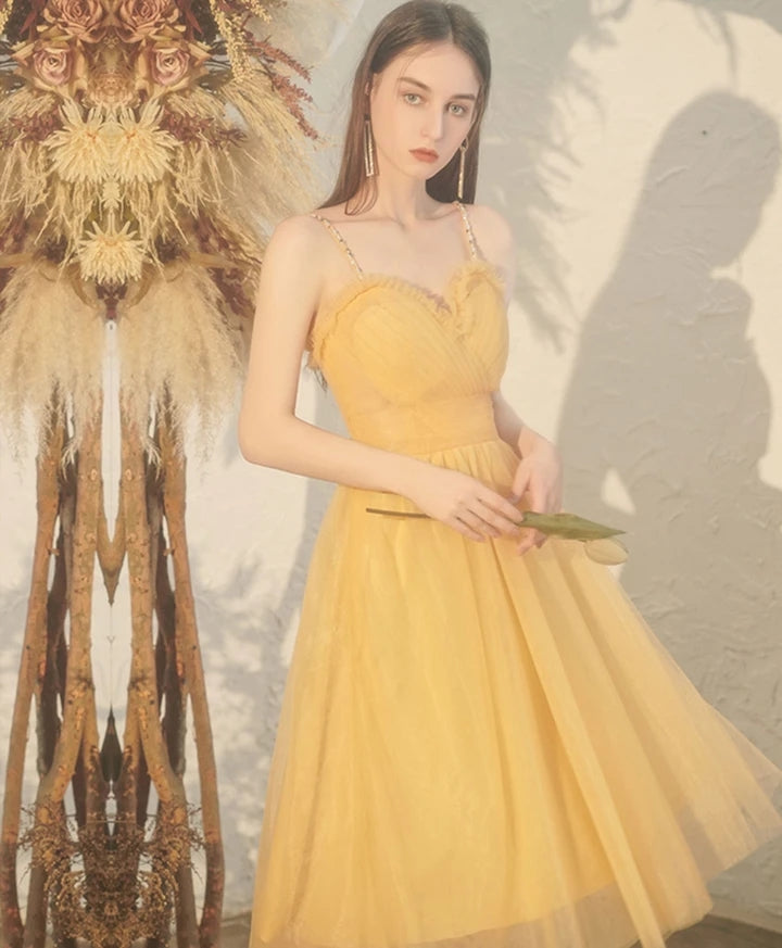 Elegant Yellow Straps Tulle Tea Length Prom Dresses Homecoming Dresses