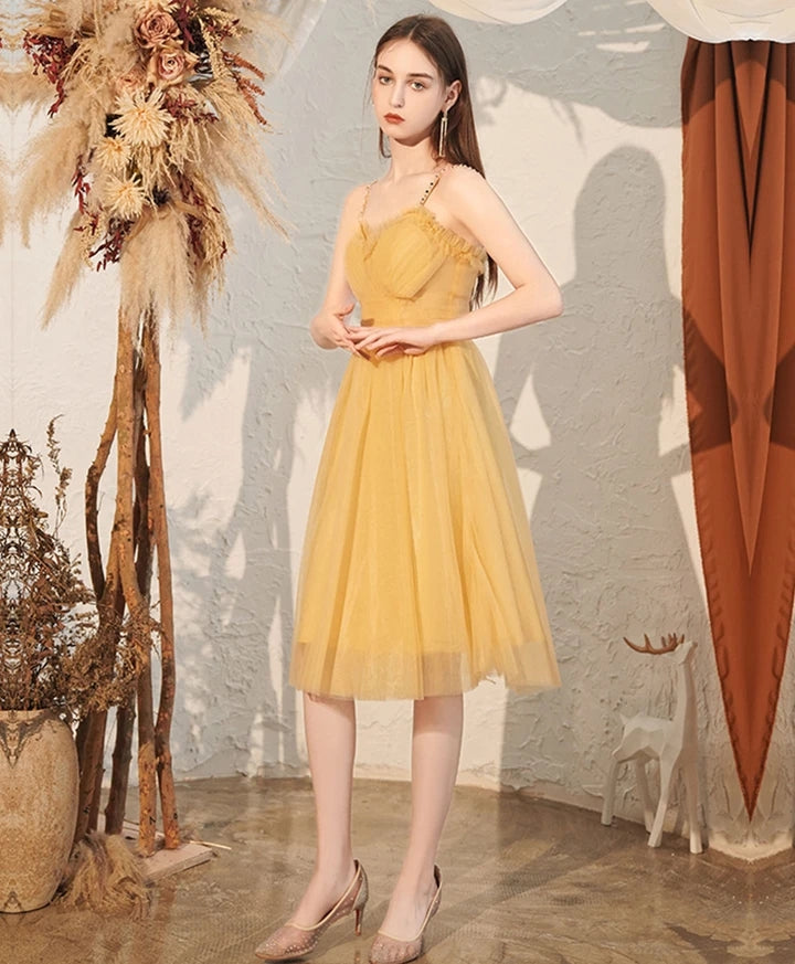 Elegant Yellow Straps Tulle Tea Length Prom Dresses Homecoming Dresses