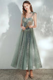 Glitter Elegant Tea Length Tulle Prom Dresses Long Homecoming Dresses
