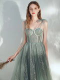 Glitter Elegant Tea Length Tulle Prom Dresses Long Homecoming Dresses