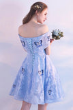 Cute Off The Shoulder Light Blue Short Lace Homecoming Dresses With Butterfly