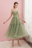 Classy Spaghetti Straps Tea Length Tulle Prom Dresses Party Dresses N2093