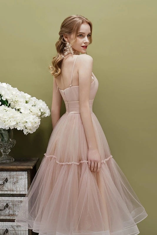 Classy Spaghetti Straps Tea Length Tulle Prom Dresses Party Dresses N2093