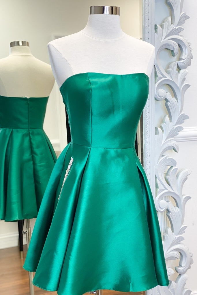 Strapless Satin A Line Homecoming Dresses With Pockets Y0278