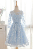 Classy Light Blue Open Back Tea Length Lace Homecoming Dress Event Dress Y0280
