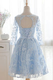 Classy Light Blue Open Back Tea Length Lace Homecoming Dress Event Dress Y0280