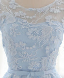 Classy Light Blue Open Back Tea Length Lace Homecoming Dress Event Dress Y0280