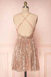 Glitter Spaghetti Straps Backless V-neck Homecoming Dress Cute Event Dress Y0282