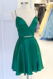 Two Pieces Spaghetti Straps V-Neck Green Short Homecoming Dresses Y0286