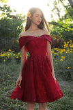 Charming Off The Shoulder Burgundy Lace Short Homecoming Dresses Y0294