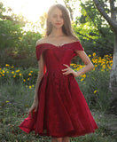 Charming Off The Shoulder Burgundy Lace Short Homecoming Dresses Y0294