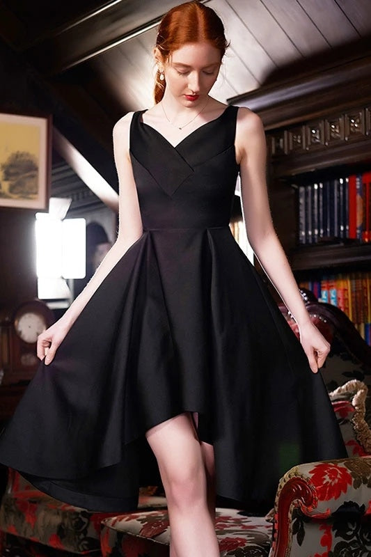 Chic High Low Black Satin Homecoming Dresses Pretty Party Dresses Y0295