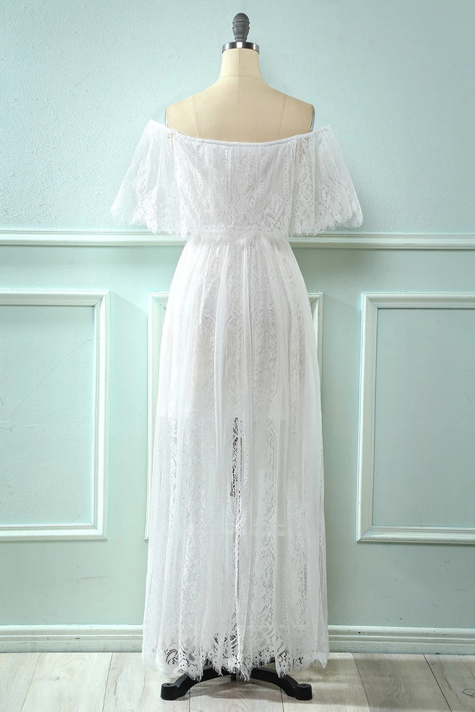 Elegant Off The Shoulder Ivory Lace Beach Wedding Dresses Y0306