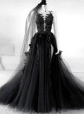 Elegant Backless Black Tulle Wedding Dresses With Appliques Modest Prom Dresses Y0307