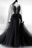 Elegant Backless Black Tulle Wedding Dresses With Appliques Modest Prom Dresses Y0307