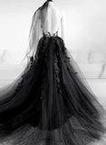 Elegant Backless Black Tulle Wedding Dresses With Appliques Modest Prom Dresses Y0307