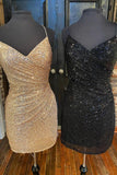 Chic Sheath Spaghetti Straps Short Black Homecoming Dress Event Dress Y0309