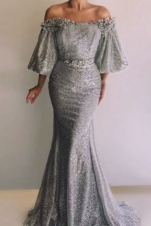 Charming Off The Shoulder Sequin Shiny Long Sheath Prom Dresses With Sleeves Y0310