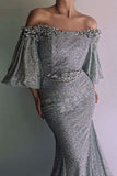 Charming Off The Shoulder Sequin Shiny Long Sheath Prom Dresses With Sleeves Y0310