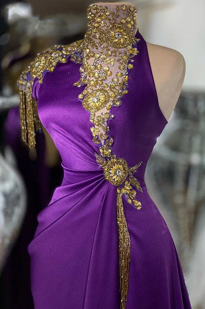 Gorgeous High Neck Purple And Gold beading Long Sheath Prom Dress Y0312