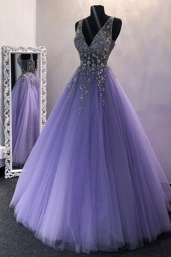 Chic V-neck Floor Length Beading Tulle Long Princess Dresses Prom Dresses Y0318