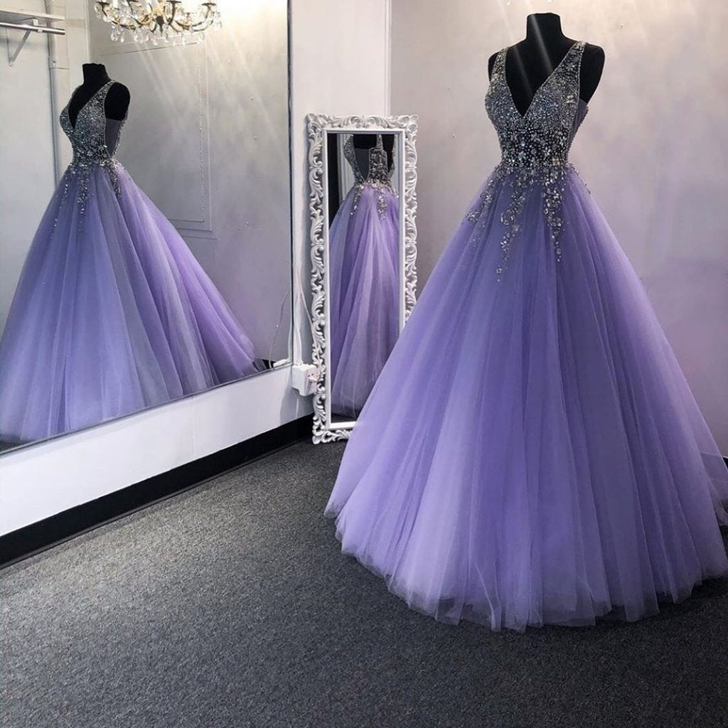 Chic V-neck Floor Length Beading Tulle Long Princess Dresses Prom Dresses Y0318