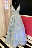 Pretty Light Blue V-neck Floor Length Long Lace Prom Dresses Y0320