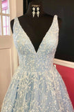 Pretty Light Blue V-neck Floor Length Long Lace Prom Dresses Y0320