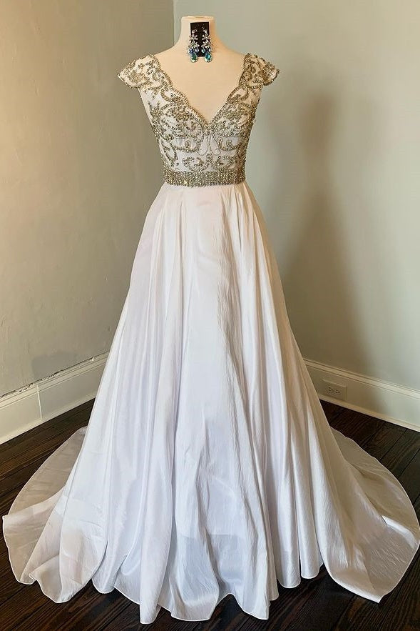 Modest Cap Sleeves Zipper Back Long A Line Beading Prom Dresses Y0321
