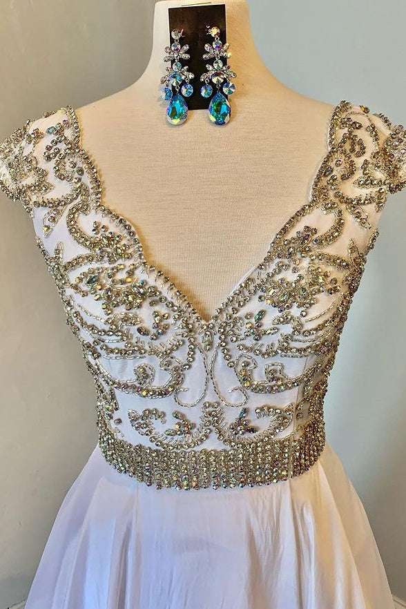 Modest Cap Sleeves Zipper Back Long A Line Beading Prom Dresses Y0321